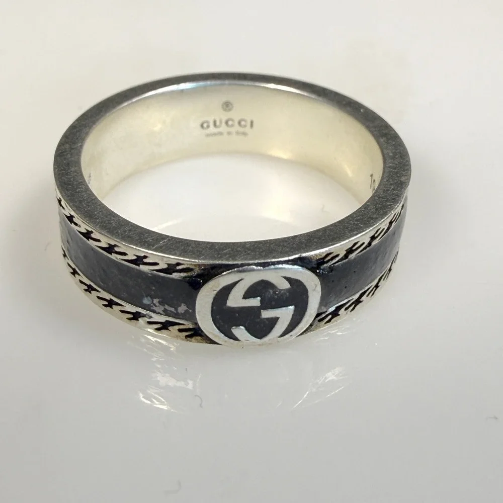 Gucci 745573 Interlocking GG Black Resin Sterling Silver Ring Size 19 US 8 3/4